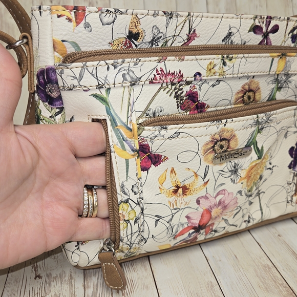 MultiSac Crossbody Purse Floral Butterfly Print Multiple Zip Pockets Cream EUC - Picture 10 of 13